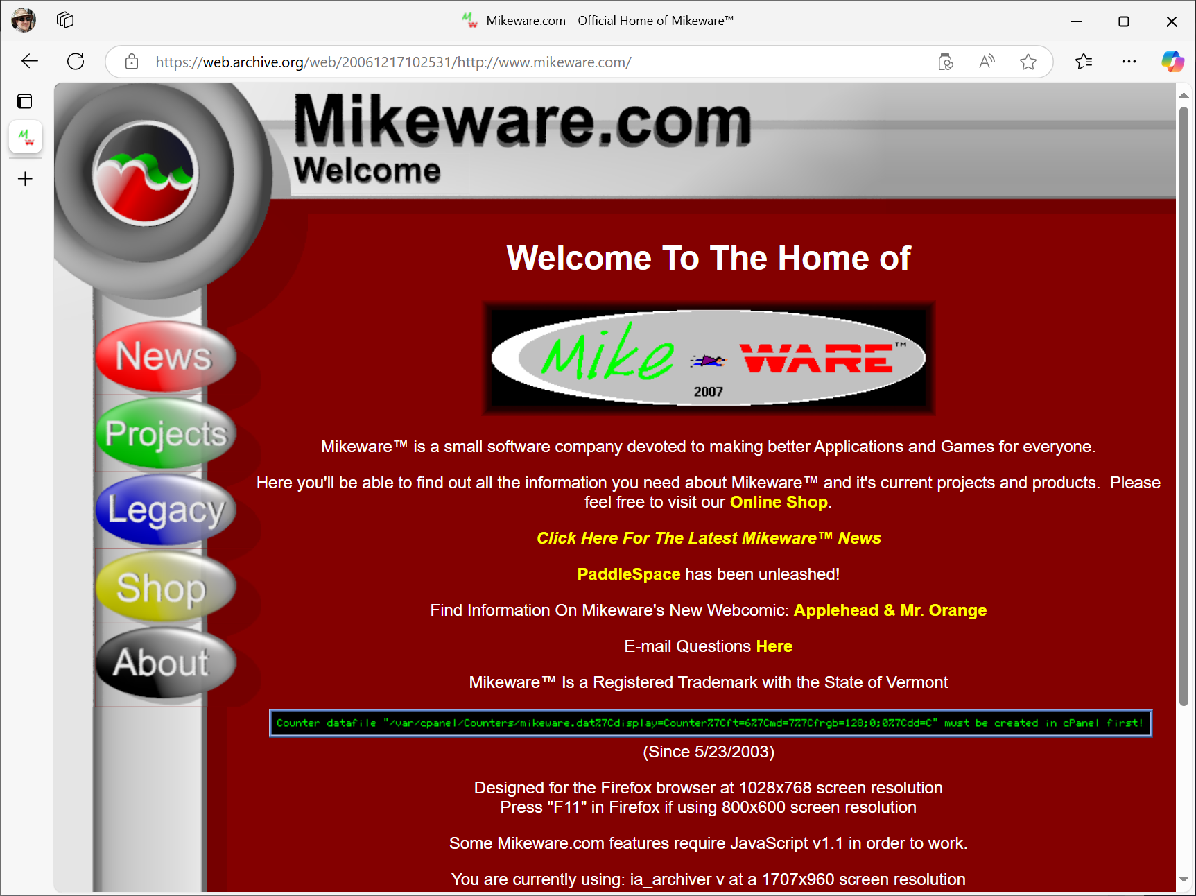 Archive image of Mikeware's website in 2006 near its initial release